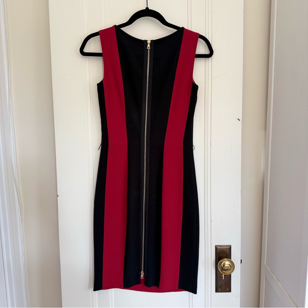 Cache Red and Black Sheath Midi Dress (full zipper back)